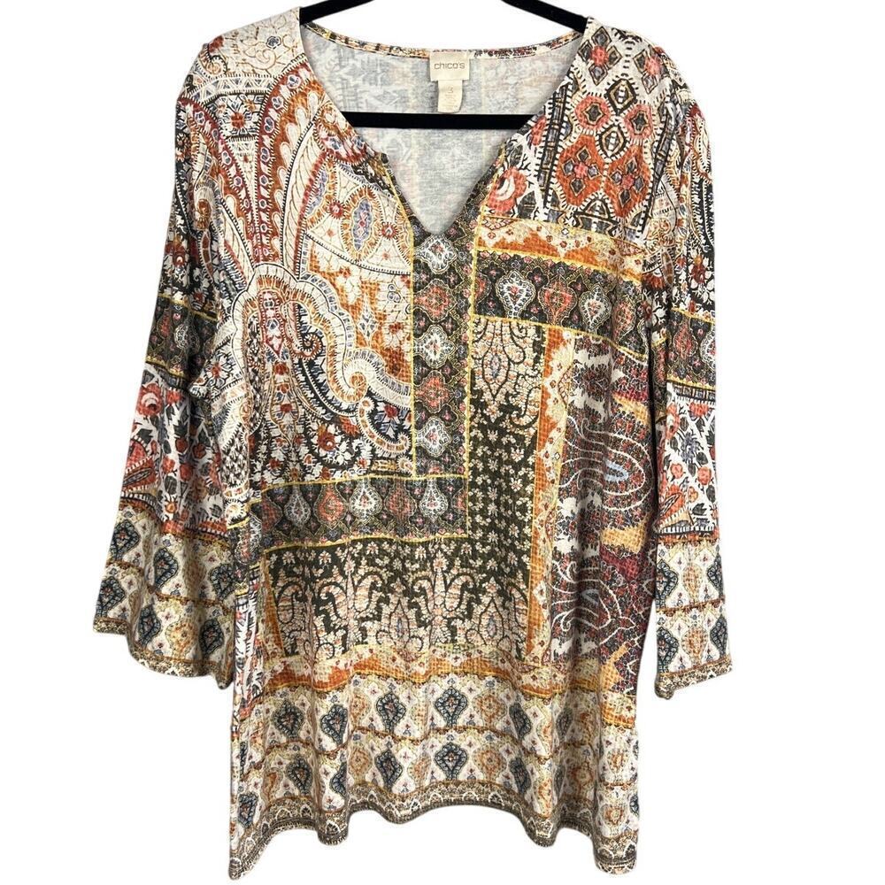 Chicos Patchwork Printed V Neck Size 3